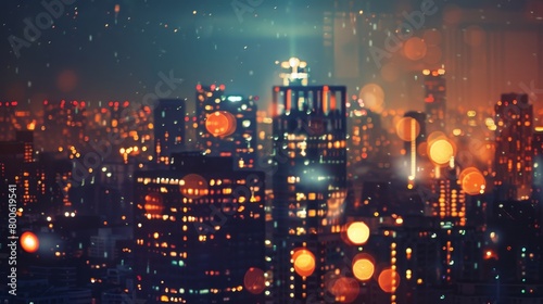 A city at night with a lot of lights and a blurry background. The city is lit up and the lights are shining brightly