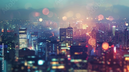 A city skyline at night with a blurry effect. The city is lit up with lights and the atmosphere is lively and energetic
