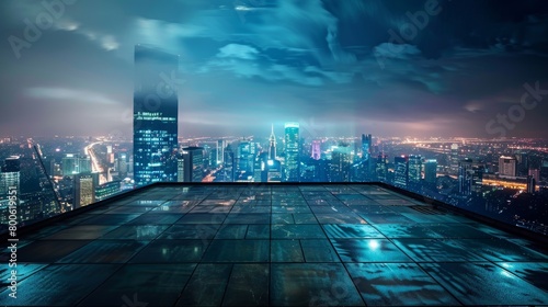 A city skyline at night with a dark sky and a few clouds. The city is lit up with lights from the buildings and streetlights