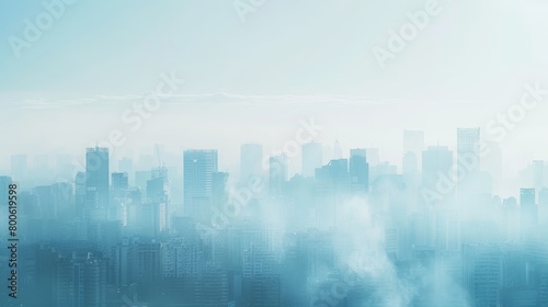 A city skyline with a foggy atmosphere. The buildings are tall and the sky is clear. The city appears to be in the middle of the night