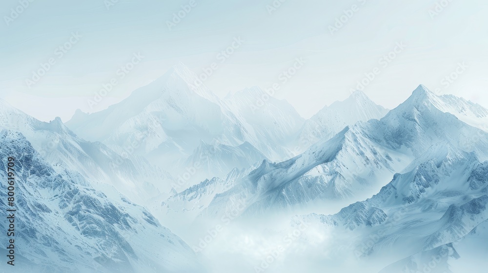 Obraz premium The mountains are covered in snow and the sky is clear. The scene is peaceful and serene, with the mountains towering over the landscape. The snow-covered peaks create a sense of majesty and awe