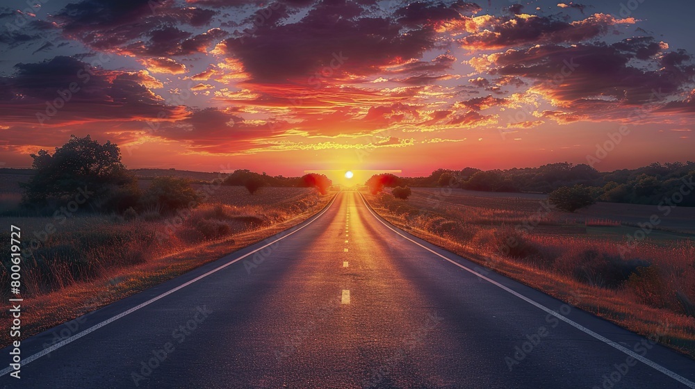 Naklejka premium Embark on a captivating odyssey of self-discovery and achievement down a boundless highway at dusk, ideal for automotive promos.