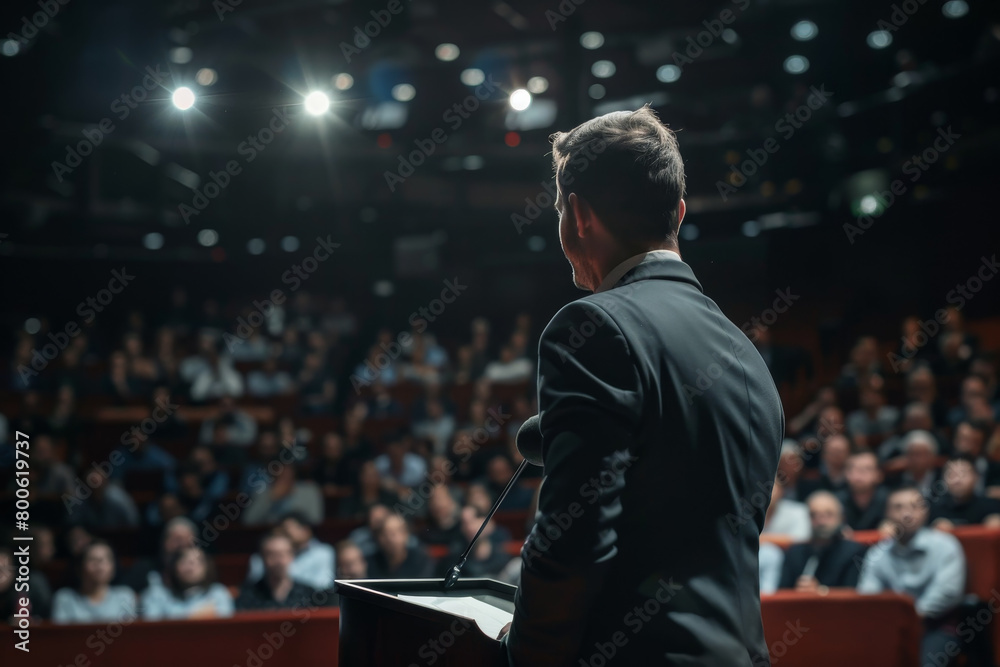 A man stands at a podium in front of a large audience A man stands at a podium in front of a large audience