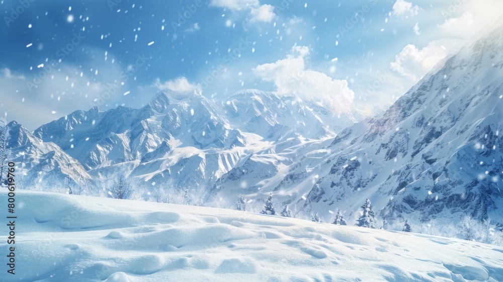 Fototapeta premium A snowy mountain landscape with a clear blue sky. The snow is falling and the mountains are covered in snow