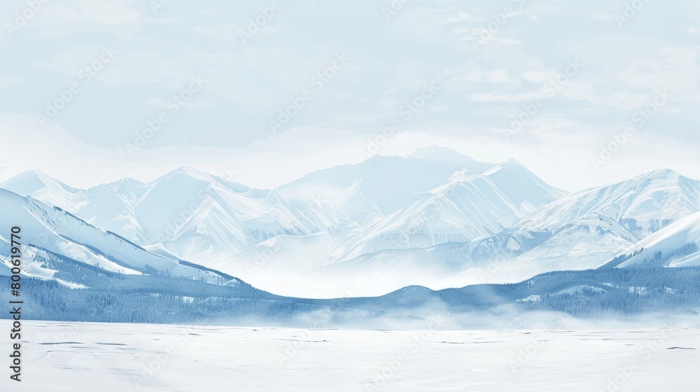 The mountains are covered in snow and the sky is clear. The scene is peaceful and serene, with the mountains towering over the landscape. The snow-covered peaks create a sense of majesty and awe