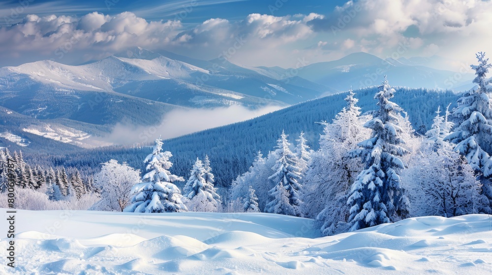 A snowy mountain landscape with trees covered in snow. The sky is blue and cloudy, and the snow is falling. The scene is peaceful and serene, with the snow covering the ground and trees