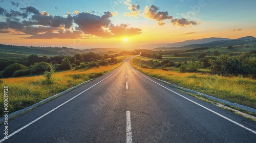 Embark on a captivating journey towards personal and professional success with this scenic sunset highway vista  ideal for automotive ads and travel stories.