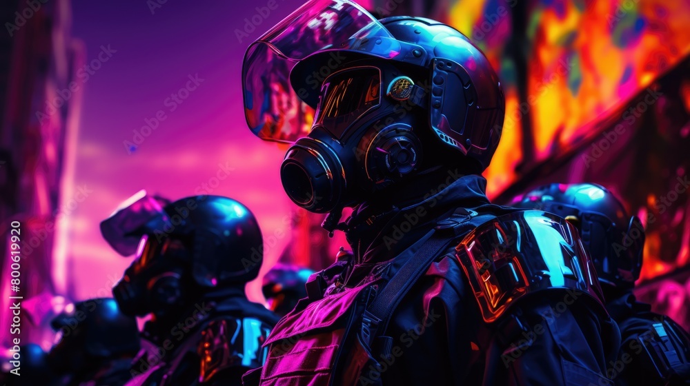 a picture riot police full of bright colors in the style of terror wave a picture riot police full of bright colors in the style of terror wave