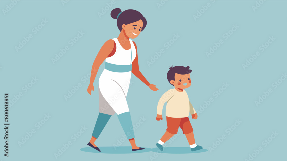 In an emotional moment a young nonverbal model walks alongside their caregiver wearing a speciallydesigned outfit that allows for easy diaper changes. Vector illustration