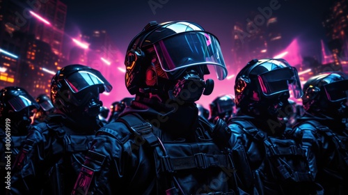a illustration riot police full of bright colors in the style of terror wave photo