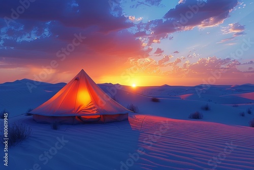 Camping Tent Illuminated at Twilight in Desert