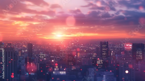 A city skyline with a sunset in the background. The sky is filled with a mix of colors  including pink and orange  creating a warm and serene atmosphere