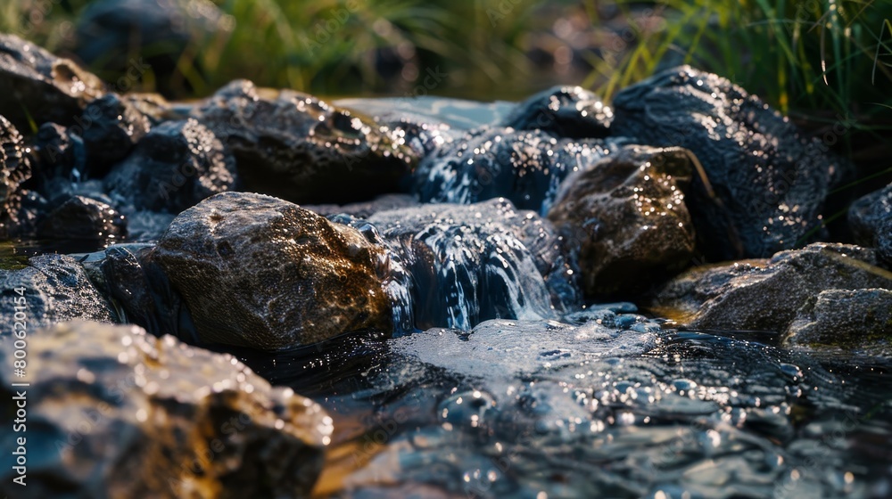Clear mountain stream flowing over rocks, nestled in a tranquil setting. Clear mountain stream flowing over rocks, nestled in a tranquil setting.