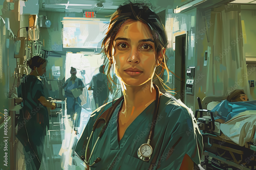 A woman in a green scrubs is standing in a hospital hallway