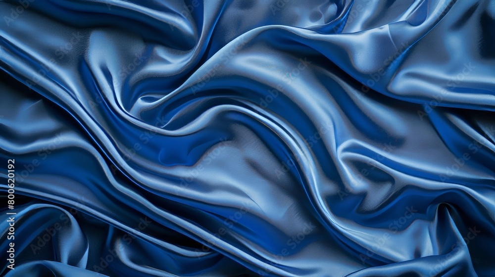 Fototapeta premium A blue fabric with a pattern of waves. The fabric is smooth and shiny. The blue color is vibrant and eye-catching