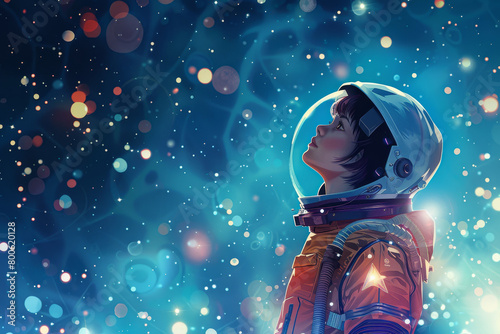 A girl in a space suit looking up at the stars