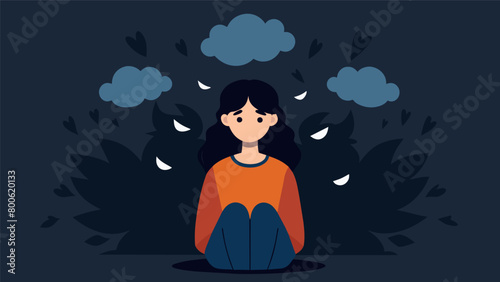 A simple but impactful drawing of a person with depression surrounded by dark thoughts and feelings to break the stigma surrounding mental health.. Vector illustration