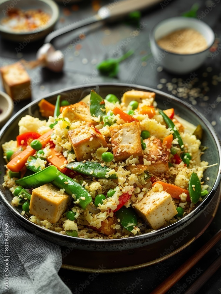 A healthy mix of tofu, broccoli, and peppers with quinoa.