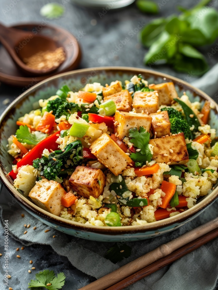 Tofu stir-fry with mixed vegetables on a plate.