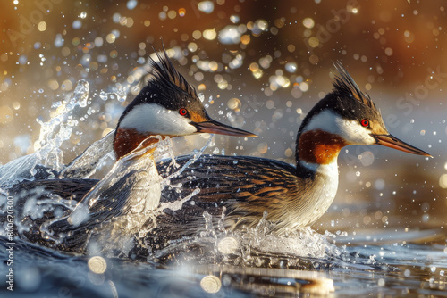 Two birds are splashing in the water photo