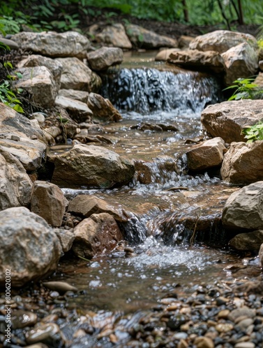 Small cascade flowing over rocks in a forest setting.