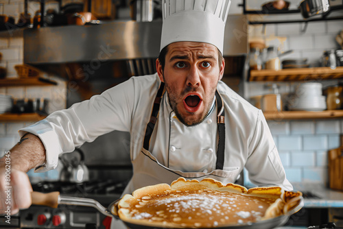 A chef is holding a pan of pancakes and is making a funny face