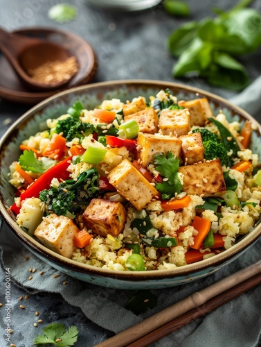Tofu stir-fry with mixed vegetables on a plate.
