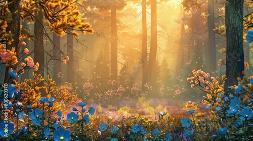 fantasy fabulous wide panoramic photo background with autumnal pine tree forest, summer rose and bluebell campanula flower bush. 3D illustration.background,environment,future imagine photo