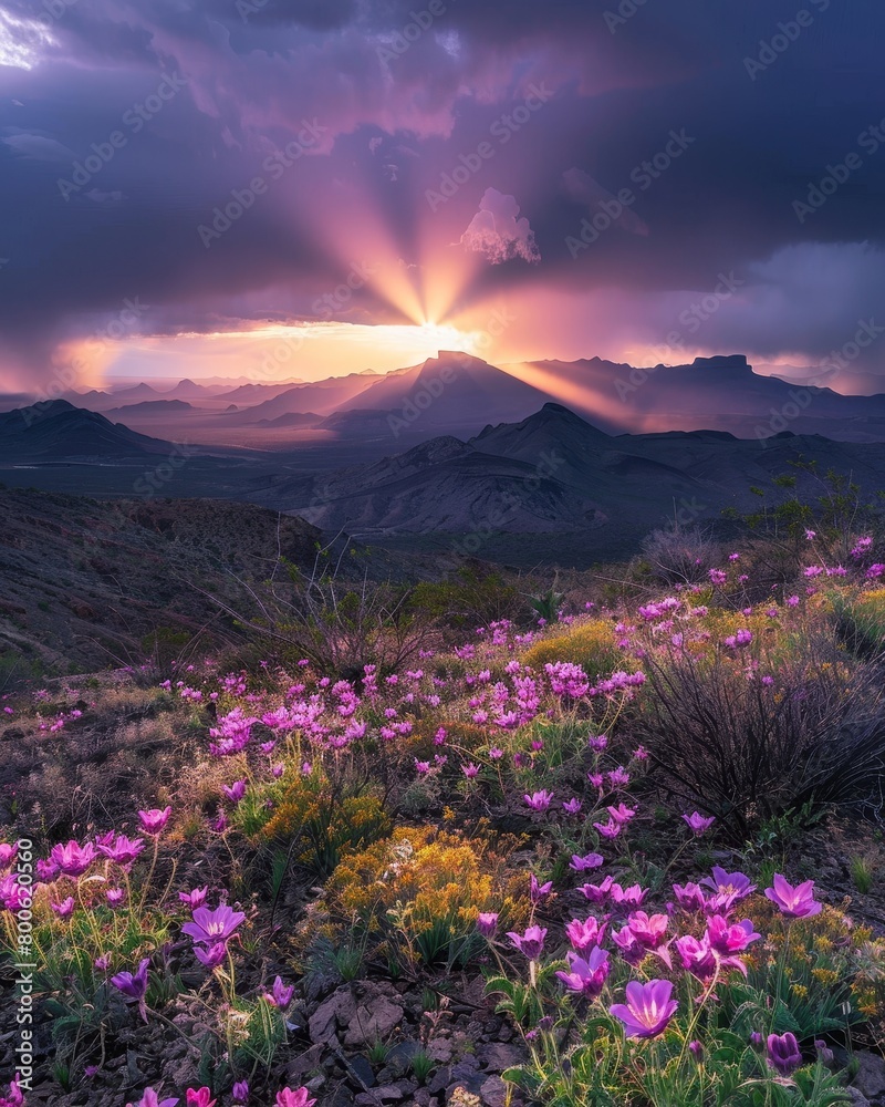 Purple wildflowers bloom under a mountainous sunset sky.