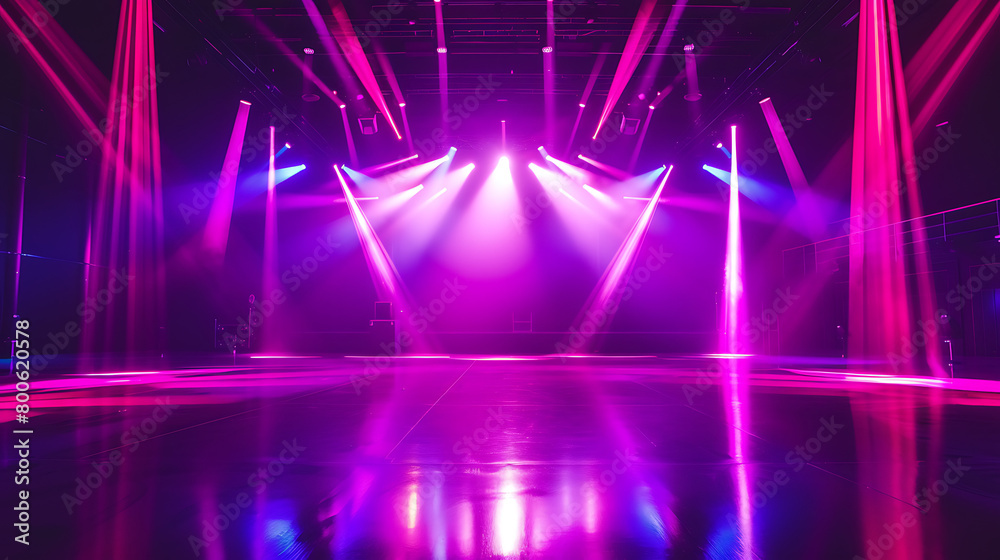 an empty stage illuminated by vibrant purple and pink lights. The lighting creates a dramatic and energetic atmosphere, with intense beams directed toward the center of the stage