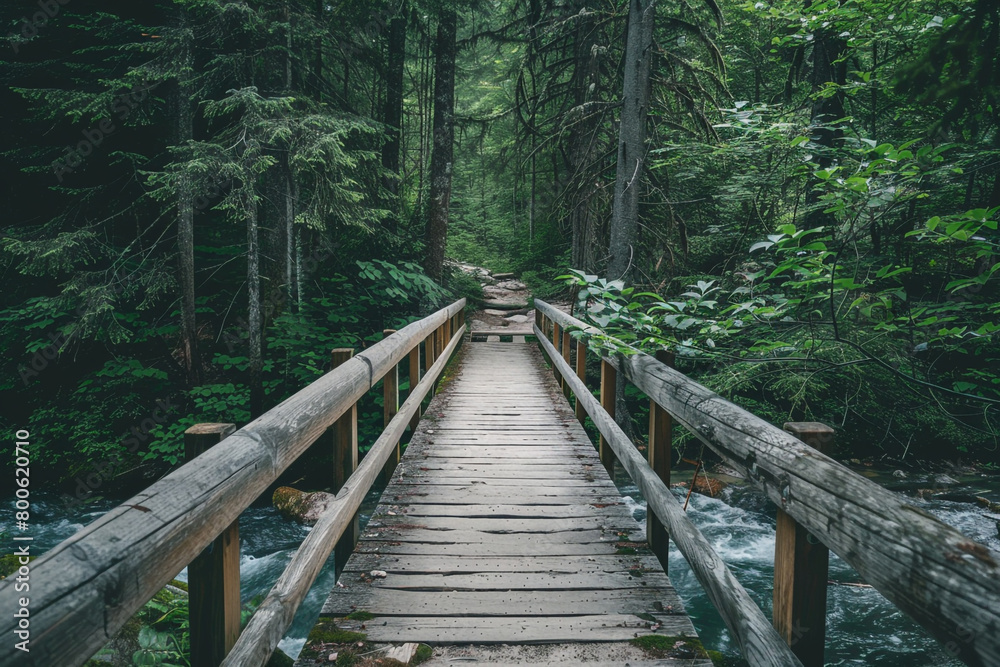 A wooden footbridge stretching over a narrow river, leading deeper into the forest. A wooden footbridge stretching over a narrow river, leading deeper into the forest.