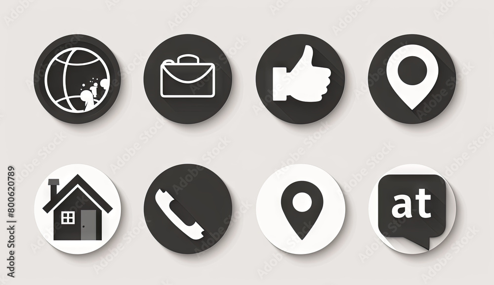 A series of black round icons for different web services such as home, phone, and location on a light background