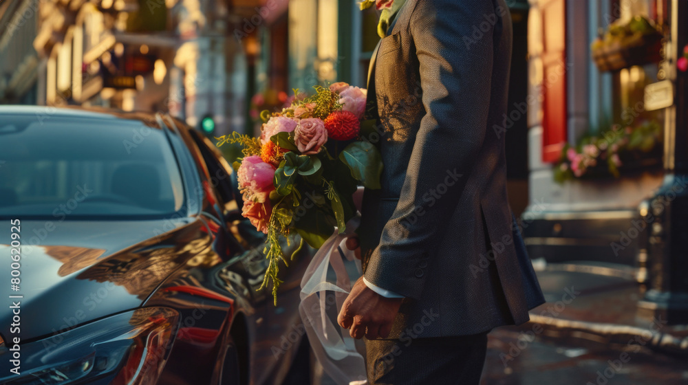 Obraz premium man stands beside a car and places a vibrant bouquet of flowers on its roof.