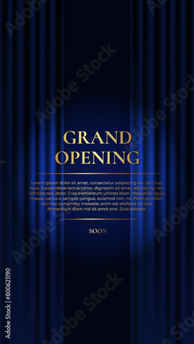 Grand Opening. Luxury vertical banner with blue curtain and golden text. Vector illustration