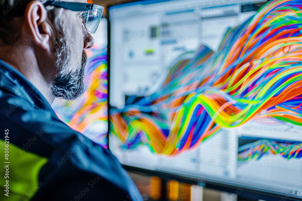 Macro shot of a mechanical engineer analyzing fluid flow simulations on a computer screen, colorful flow lines visible