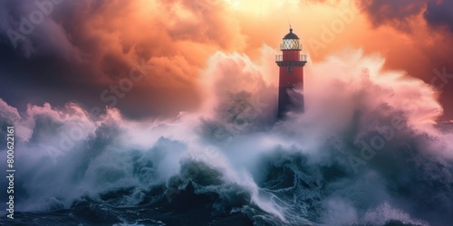 towering lighthouse rises from the expansive ocean, providing guidance to ships navigating the vast waters. photo