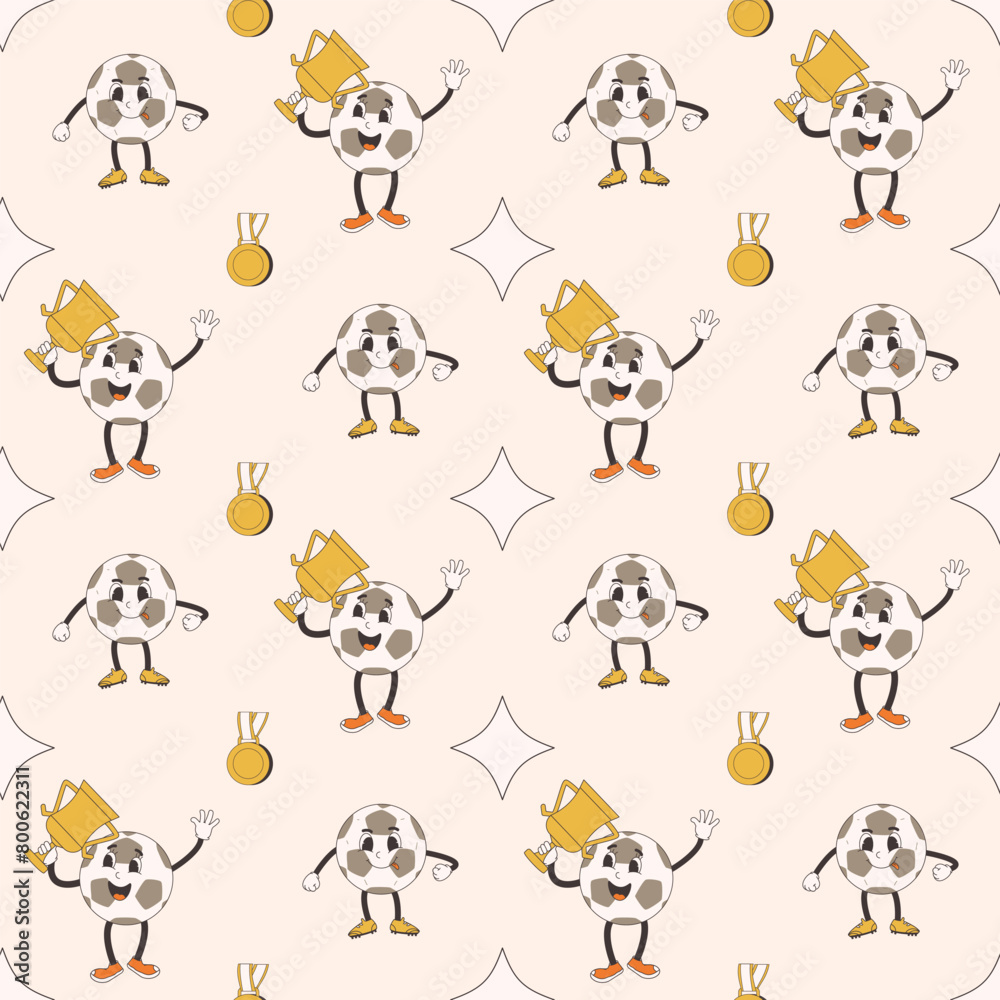 Fototapeta premium Football character seamless pattern. Soccer ball retro cartoon endless background. Sport championship loop ornament. Vector illustration.