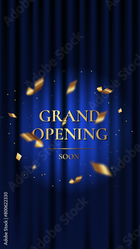 Grand Opening. Luxury vertical banner with blue curtain and golden text. Vector illustration