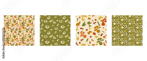 Bonsai trees seamless patterns collection. Plant on pot with leaves and collage shape of ripped papers silhouettes repeat background set. Vector hand drawn flat illustration.