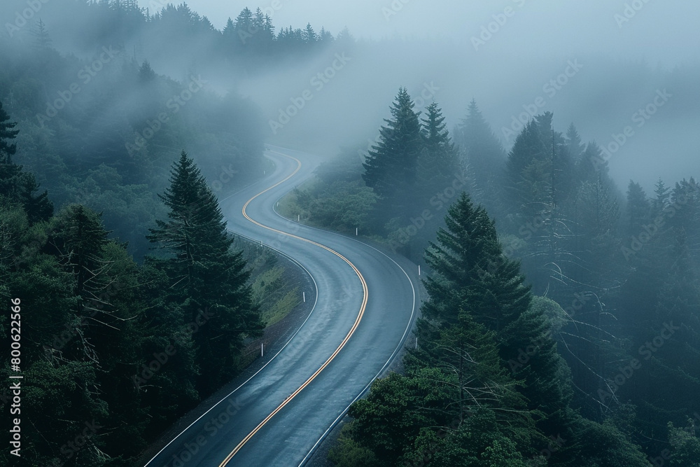 A winding road disappearing into a dense foggy forest A winding road disappearing into a dense foggy forest