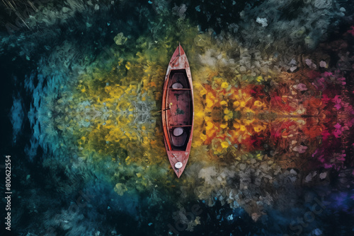 AI generated illustration of Bird's eye view of small kayak in a colorful lake optical ombre style