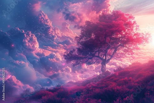Surreal Landscape with Dreamy Pink Tree