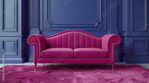3D background for luxury pink interior design with pink sofa and dark blue wooden wall background.