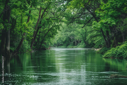 A winding riverbank lined with lush green trees.