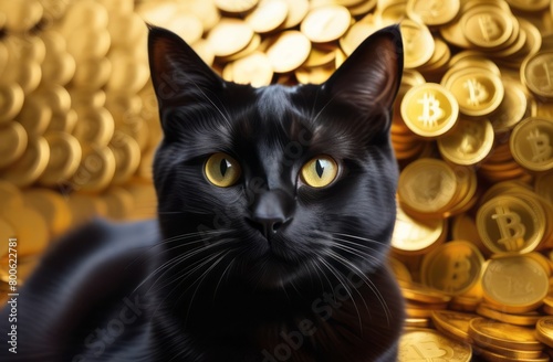 a black cat sits and laying among some gold cryptocoins Bitcoins. The cat is mining bitcoins. Yellow gold background. Blockchain technology, bitcoin mining concept. photo