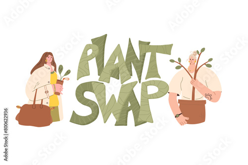 Plant swap emblem. Women exchange houseplant, seeding and gardening together isolated on white background. Eco friendly lifestyle party. Event of potted flowers market. Vector illustration.