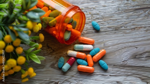 healthcare top down image of an opened orange pill bottle with colourful medicine prescription pills on a table. Prescription tablets and heath supplements for mental and physical wellness photo
