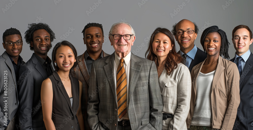 A diverse group of business people, representing different ethnicities, stand together in suits, smiling confidently at the camera, embodying unity and inclusivity in the corporate world A diverse group of business people, representing different ethnicities, stand together in suits, smiling confidently at the camera, embodying unity and inclusivity in the corporate world