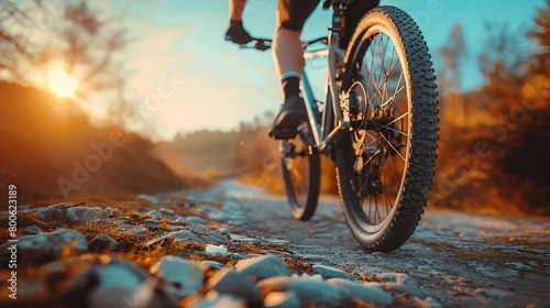 A low-angle view of cyclists passing through a rugged mountain pass at sunrise