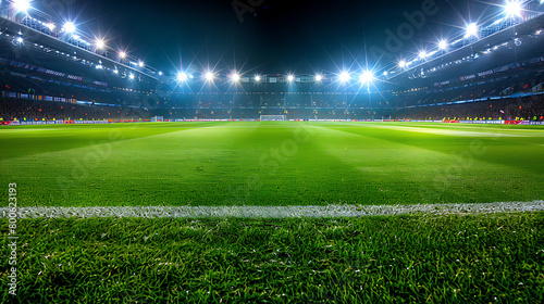 The soccer field is lush green, meticulously maintained, and stretches across the frame. The grass appears vibrant and well-groomed. The field is the central focus of the image